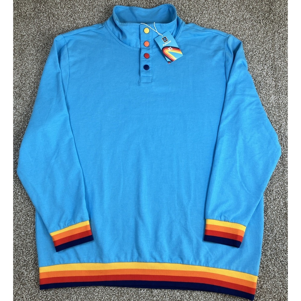 Aldi Employee Pullover Rainbow Cuffs Size XL Blue 1/4‎ Snap Mock Neck NWT